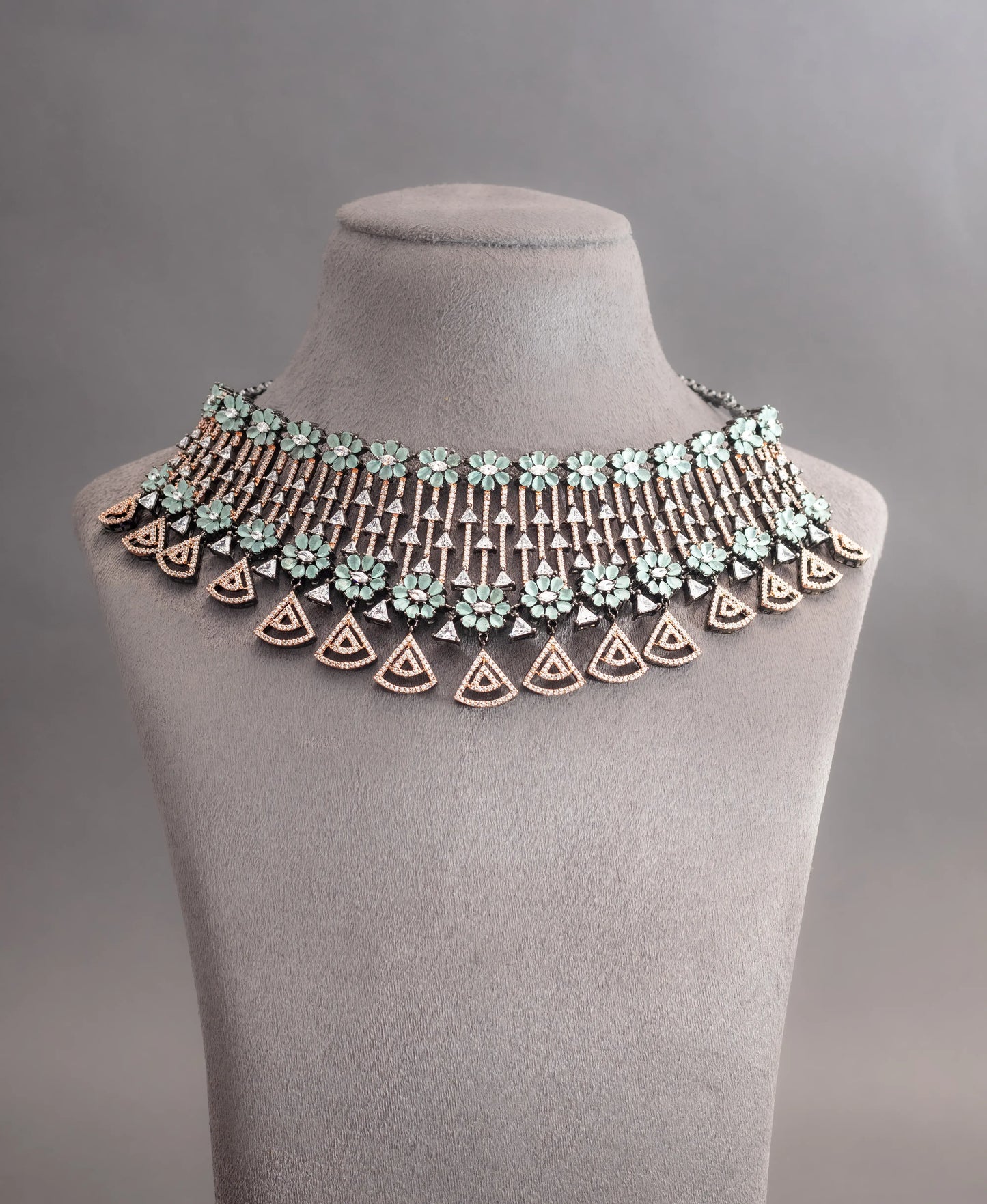 American Diamond Choker with Mint Green Stone  Black Rhodium Polish  14-Inch Adjustable Thread