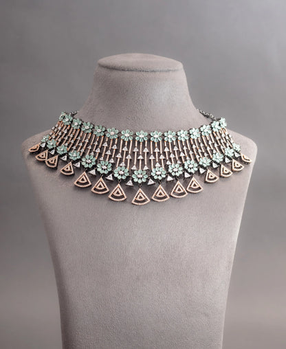 American Diamond Choker with Mint Green Stone  Black Rhodium Polish  14-Inch Adjustable Thread