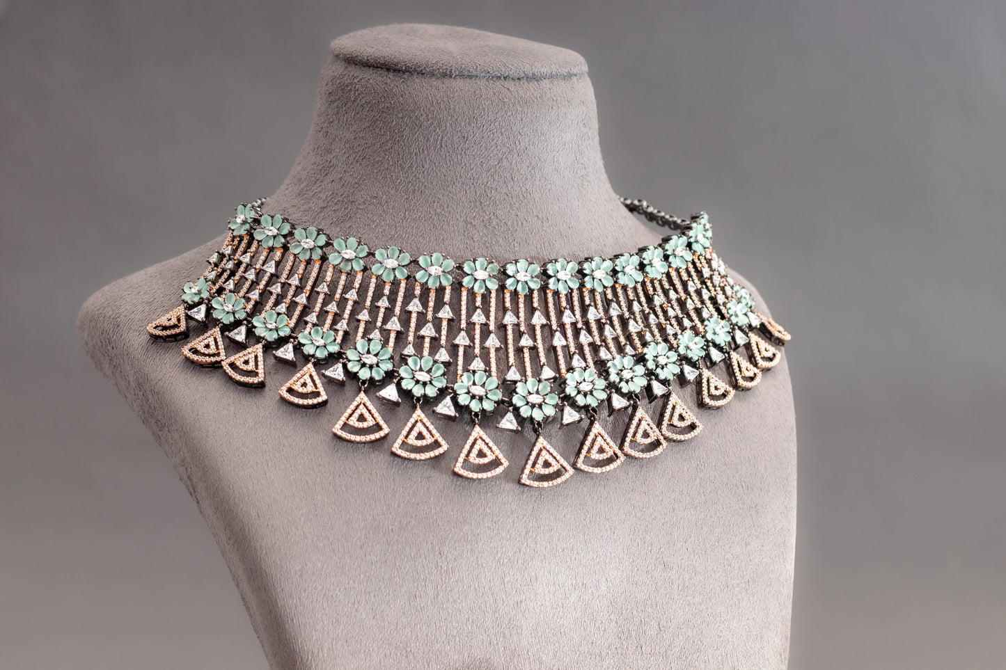 American Diamond Choker with Mint Green Stone  Black Rhodium Polish  14-Inch Adjustable Thread