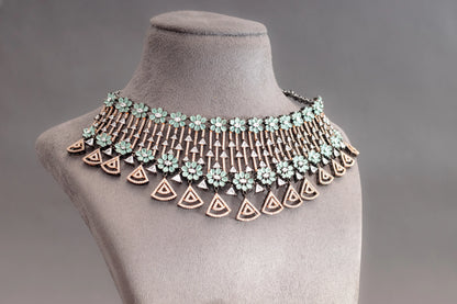American Diamond Choker with Mint Green Stone  Black Rhodium Polish  14-Inch Adjustable Thread