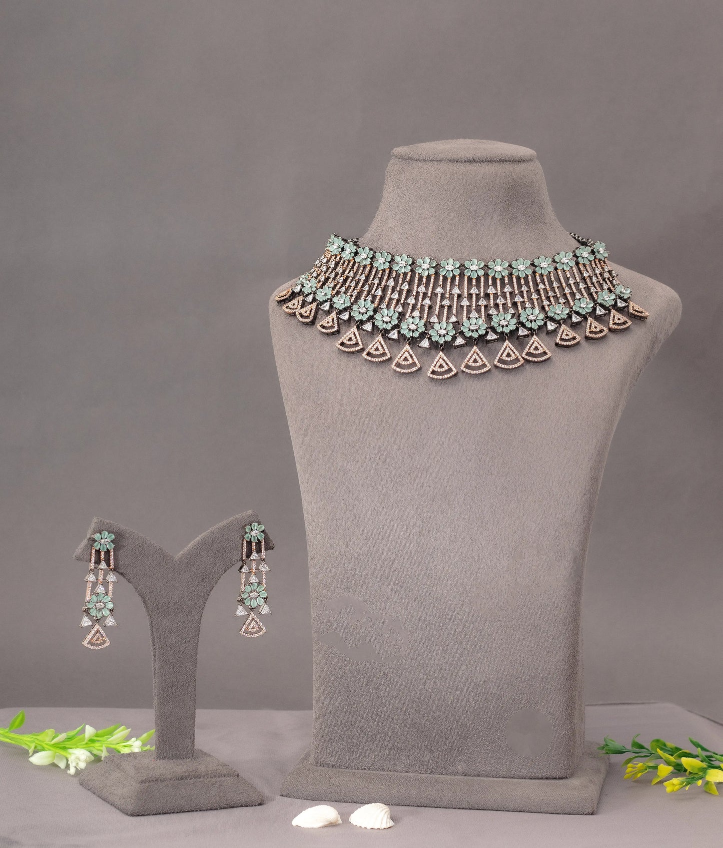 American Diamond Choker with Mint Green Stone  Black Rhodium Polish  14-Inch Adjustable Thread