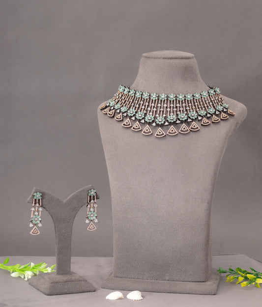 American Diamond Choker with Mint Green Stone  Black Rhodium Polish  14-Inch Adjustable Thread