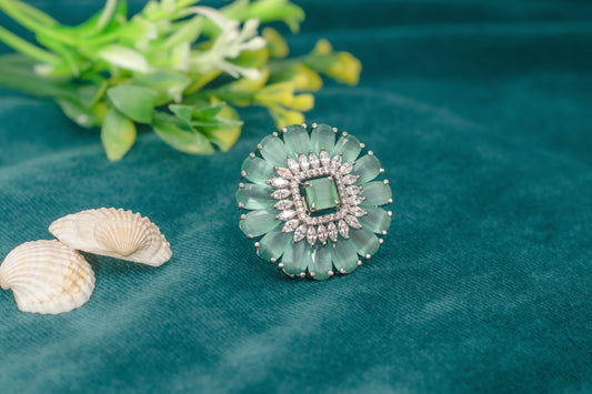 Cubic Zirconia Ring with Pastel Blue Stones White Rhodium Finish Adjustable Size