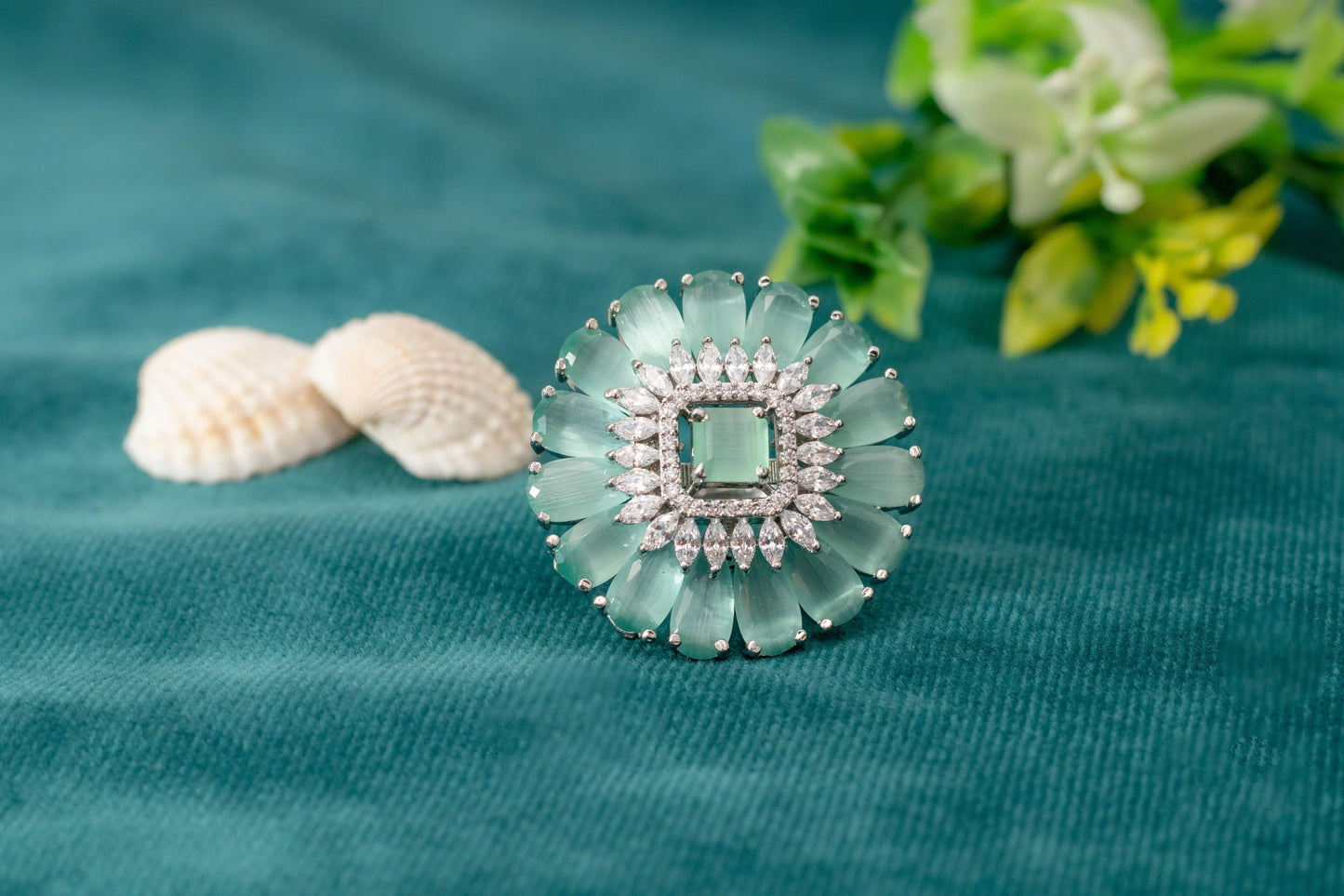 Cubic Zirconia Ring with Pastel Blue Stones  White Rhodium Finish  Adjustable Size