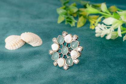 Indo-Western Ring with Kundan, MOP & Semi-Precious Stones Silver Oxidized Finish Adjustable Size