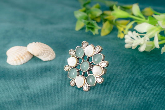 Indo-Western Ring with Kundan, MOP & Semi-Precious Stones Silver Oxidized Finish Adjustable Size