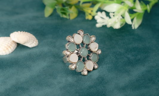 Indo-Western Ring with Kundan, MOP & Semi-Precious Stones  Silver Oxidized Finish  Adjustable Size