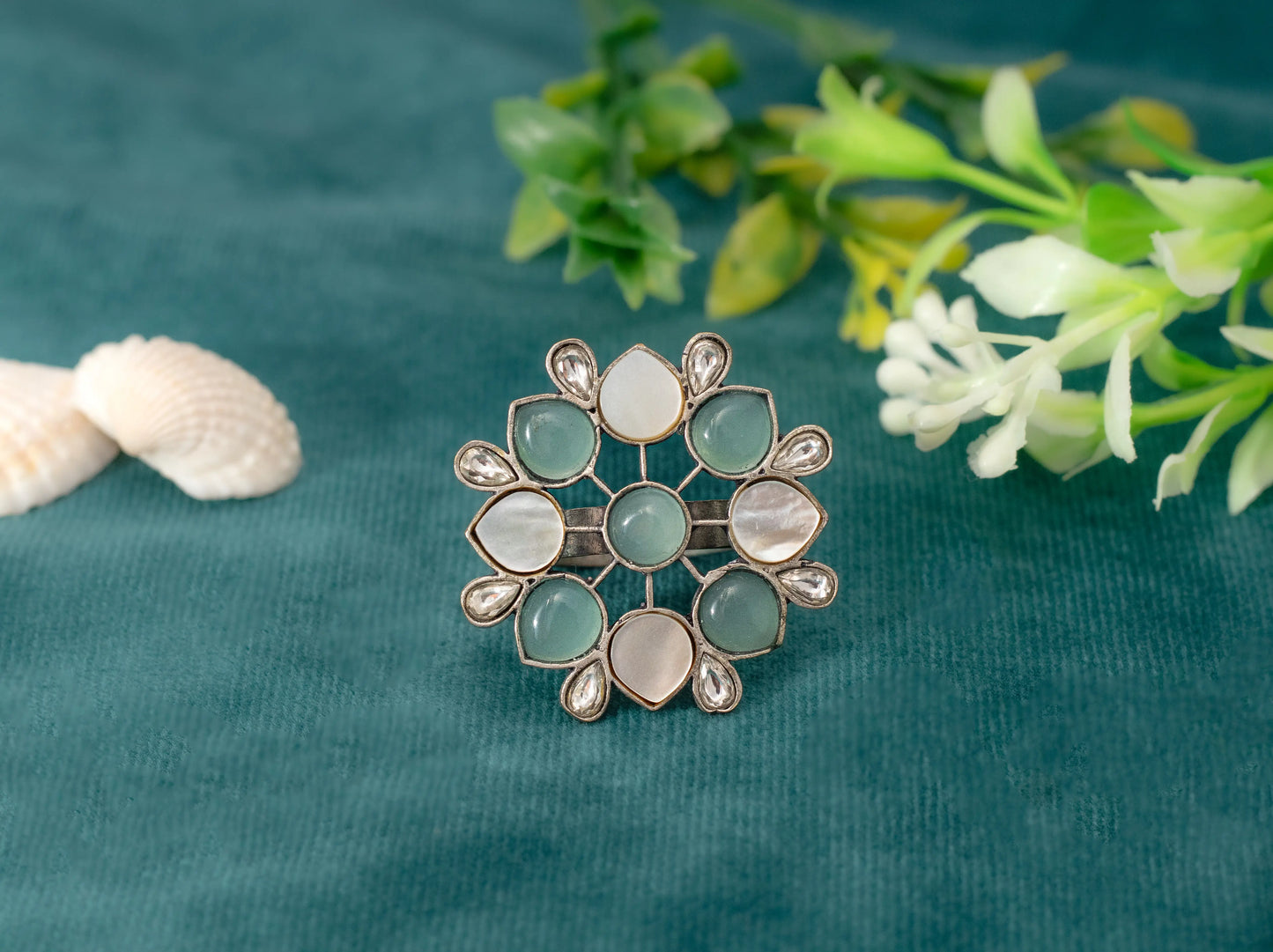 Indo-Western Ring with Kundan, MOP & Semi-Precious Stones  Silver Oxidized Finish  Adjustable Size