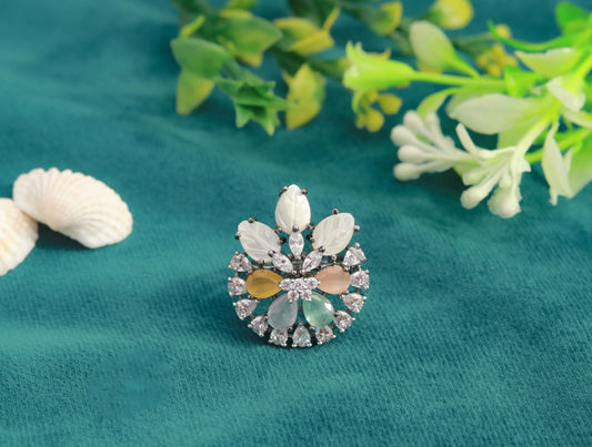 Multicoloured Mother of Pearl Ring with Semi-Precious Stones Black Rhodium Finish Adjustable Size