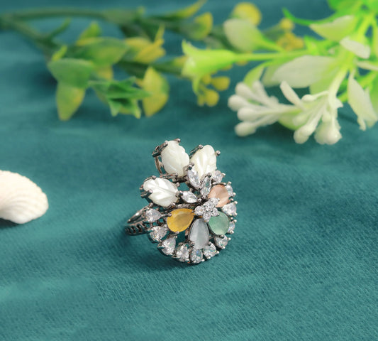 Multicoloured Mother of Pearl Ring with Semi-Precious Stones  Black Rhodium Finish  Adjustable Size