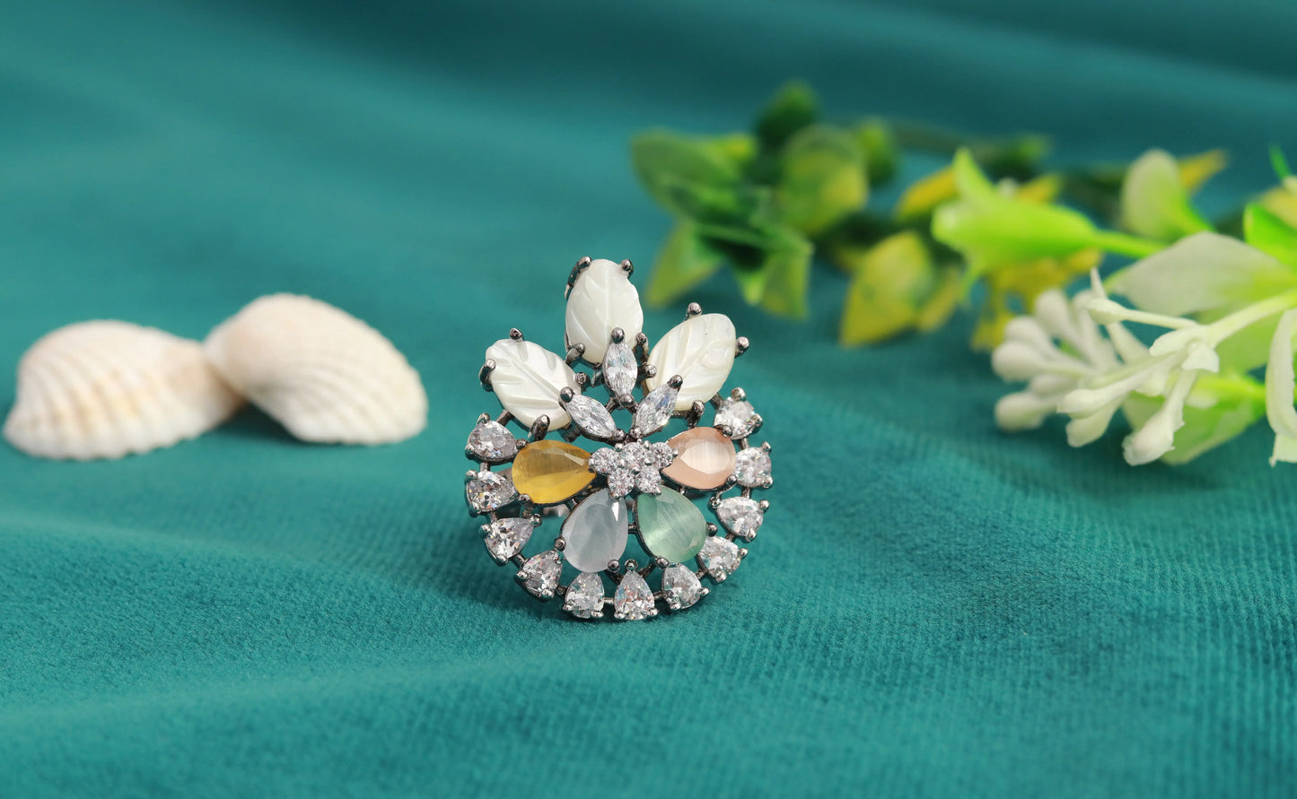 Multicoloured Mother of Pearl Ring with Semi-Precious Stones  Black Rhodium Finish  Adjustable Size