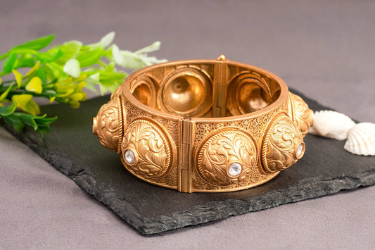 Self-Designed Antique Kada with Kundan Accents Matt Gold Polish Openable Size 2.2