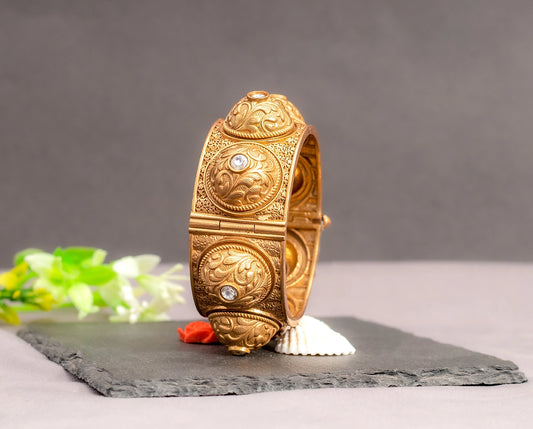 Self-Designed Antique Kada with Kundan Accents  Matt Gold Polish  Openable  Size 2.2
