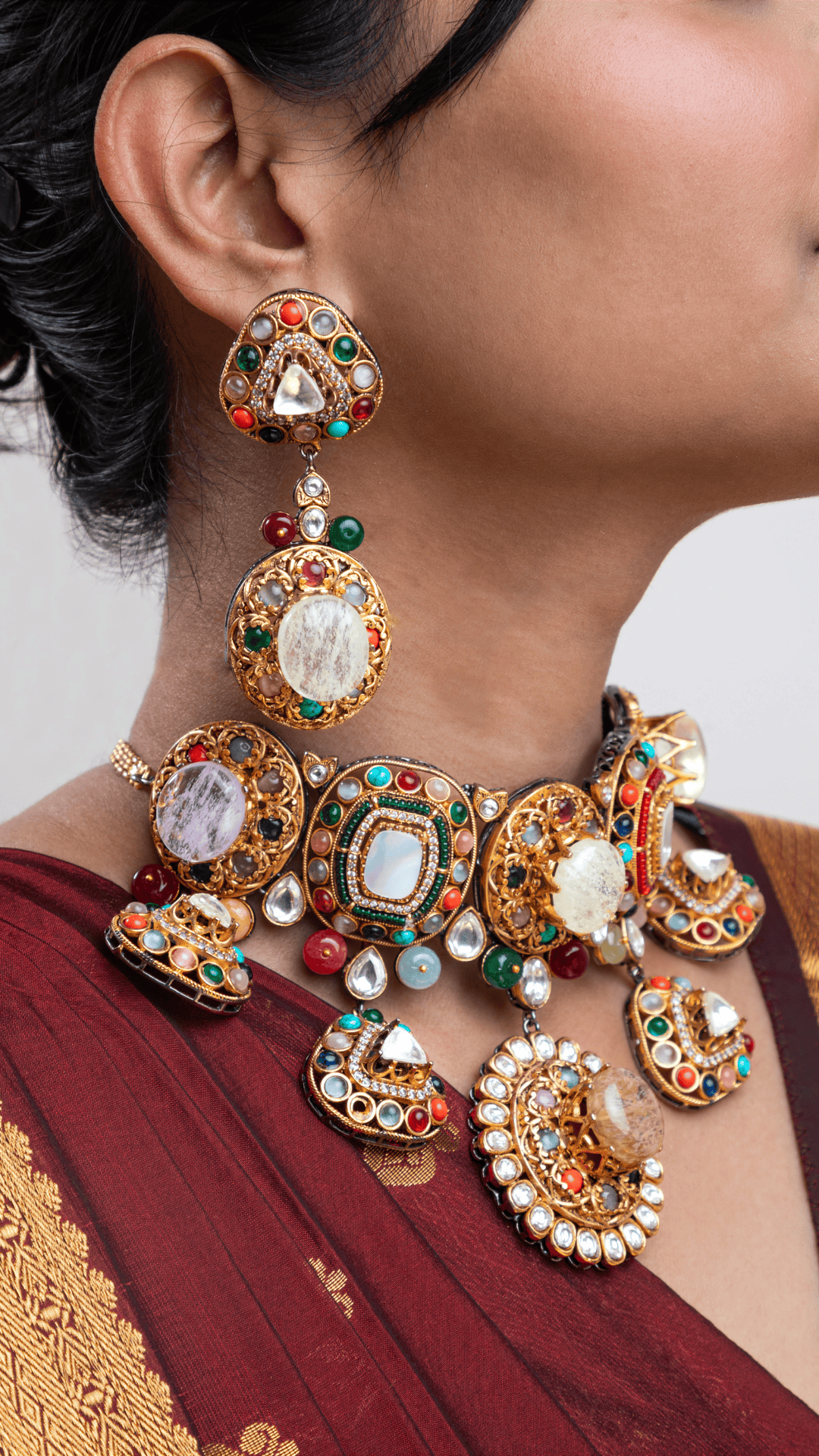 Indo-Western Choker Necklace with Multi-Colored Semi-Precious Stones  Antique Gold Polish  Adjustable Chain
