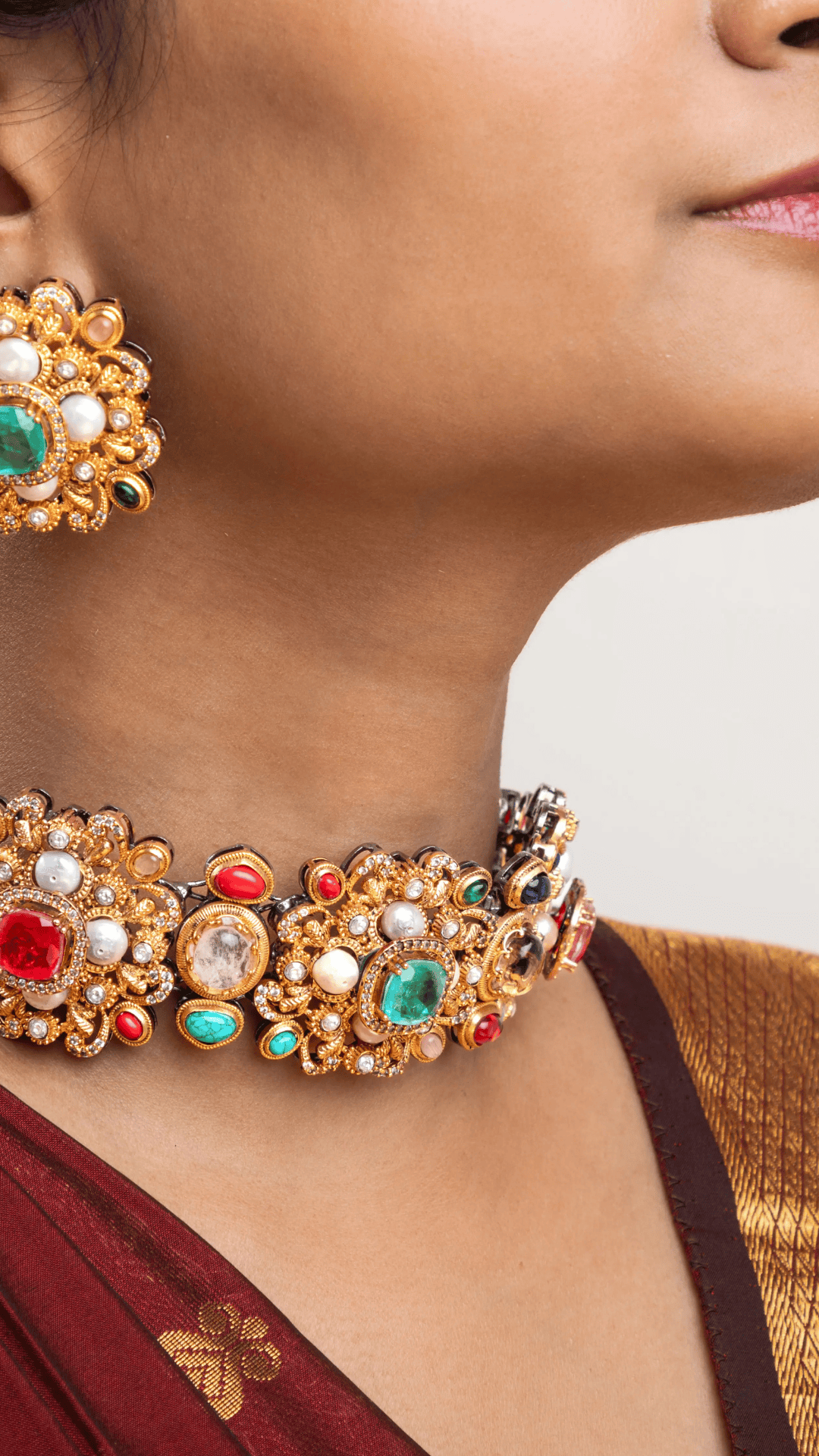 Multi-Colored Choker – Antique Gold Finish | Sai Jewellery