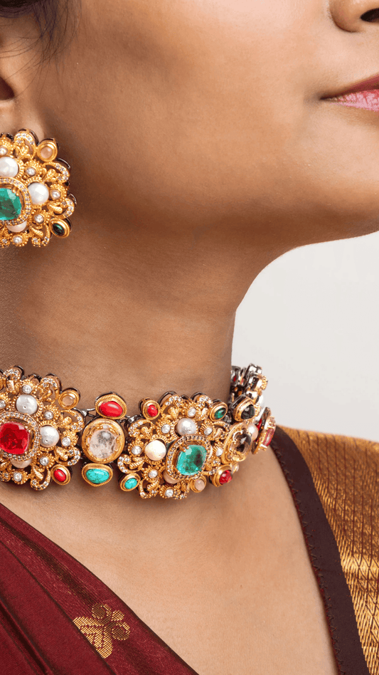 Multi-Colored Choker – Antique Gold Finish | Sai Jewellery