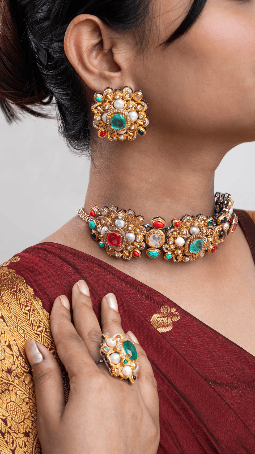 Indo-Western Choker Necklace with Multi-Colored Semi-Precious Stones  Antique Gold Polish  Adjustable Chain