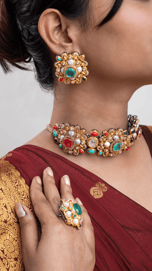Indo-Western Choker Necklace with Multi-Colored Semi-Precious Stones  Antique Gold Polish  Adjustable Chain