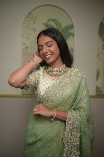 Indo-Western Choker Necklace with Sea Green Stone  Gold Polish  Adjustable Thread