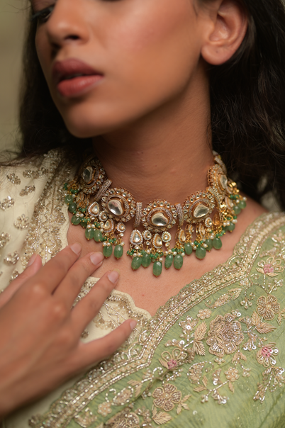 Indo-Western Choker Necklace with Sea Green Stone  Gold Polish  Adjustable Thread