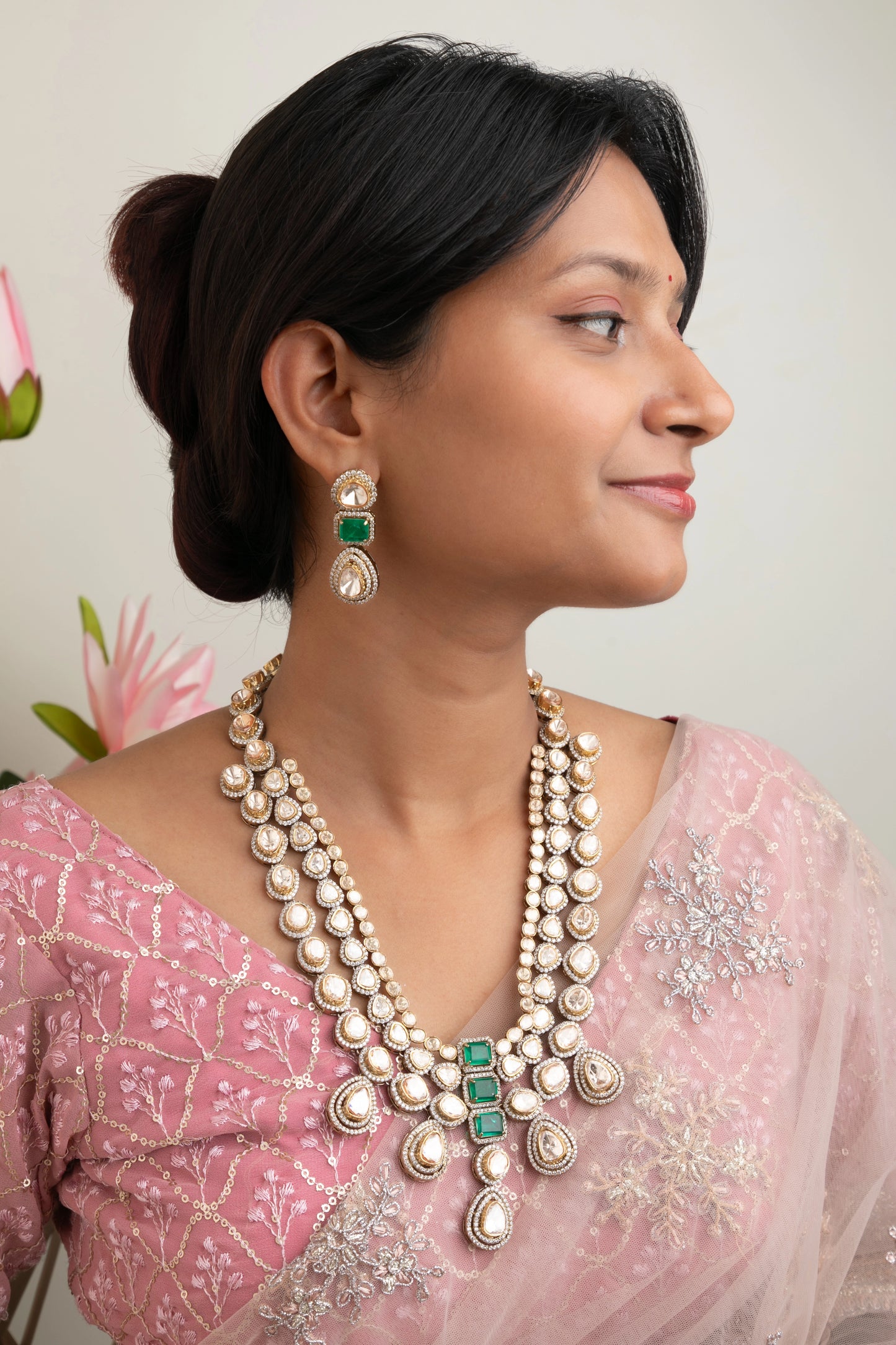 Indo-Western Kundan Long Necklace with Green Stones  Victorian Gold Polish  20-Inch Adjustable Thread  Perfect for Cocktail Parties