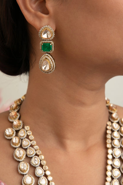 Indo-Western Kundan Long Necklace with Green Stones  Victorian Gold Polish  20-Inch Adjustable Thread  Perfect for Cocktail Parties