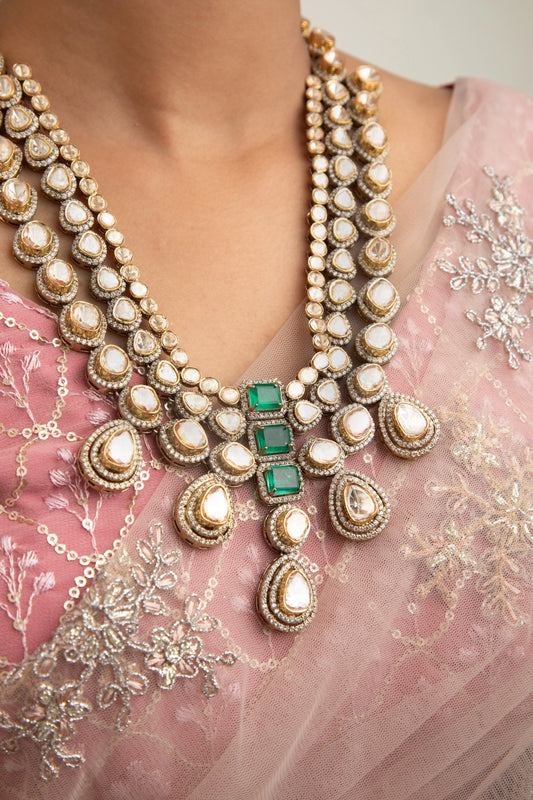 Indo-Western Kundan Long Necklace with Green Stones Victorian Gold Polish 20-Inch Adjustable Thread Perfect for Cocktail Parties