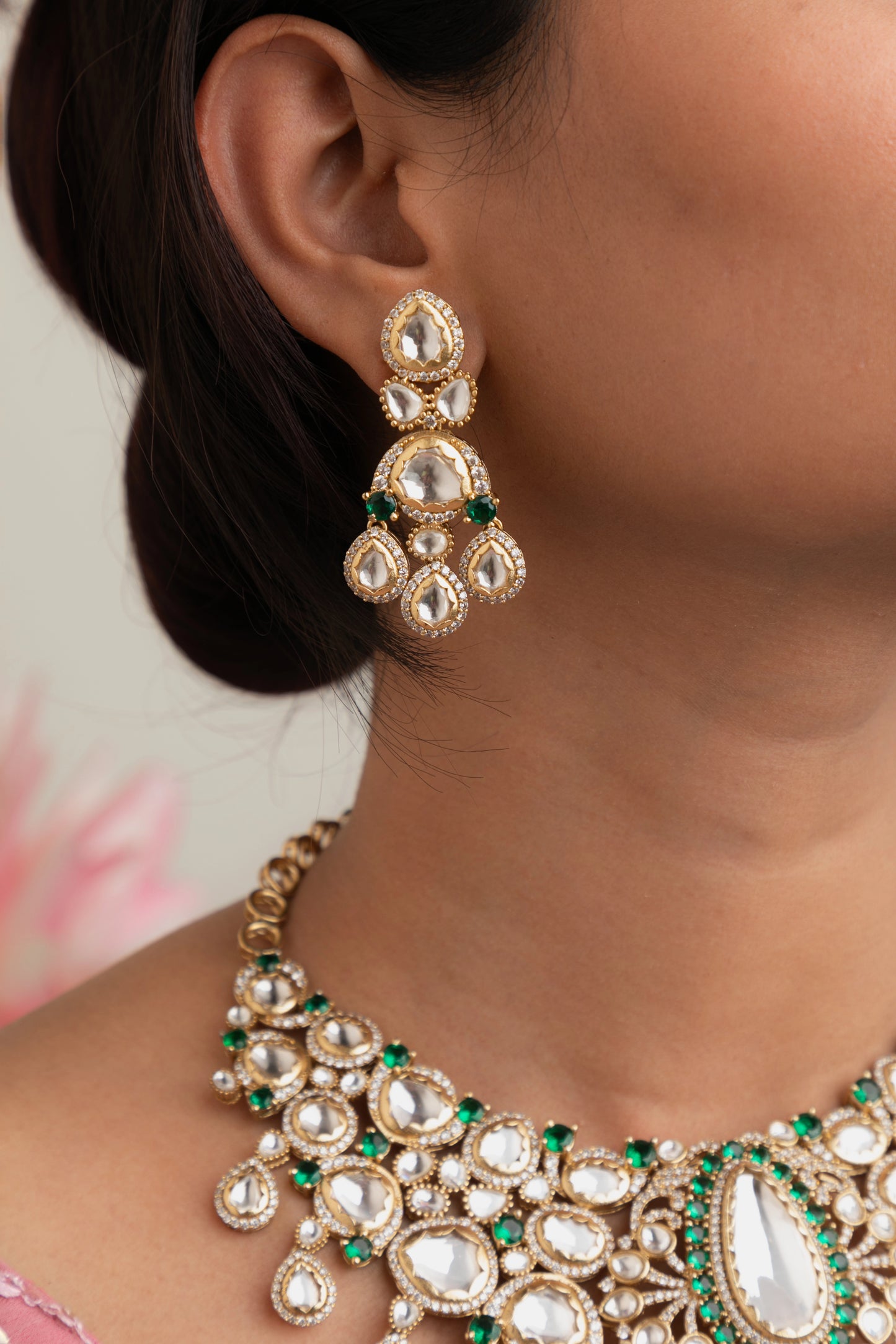 Bridal Kundan Necklace with Green Stone  Matt Gold Polish  5-Inch Adjustable Chain