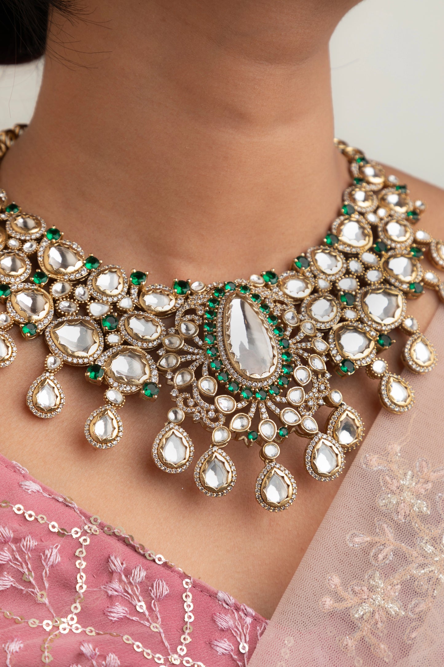 Bridal Kundan Necklace with Green Stone  Matt Gold Polish  5-Inch Adjustable Chain