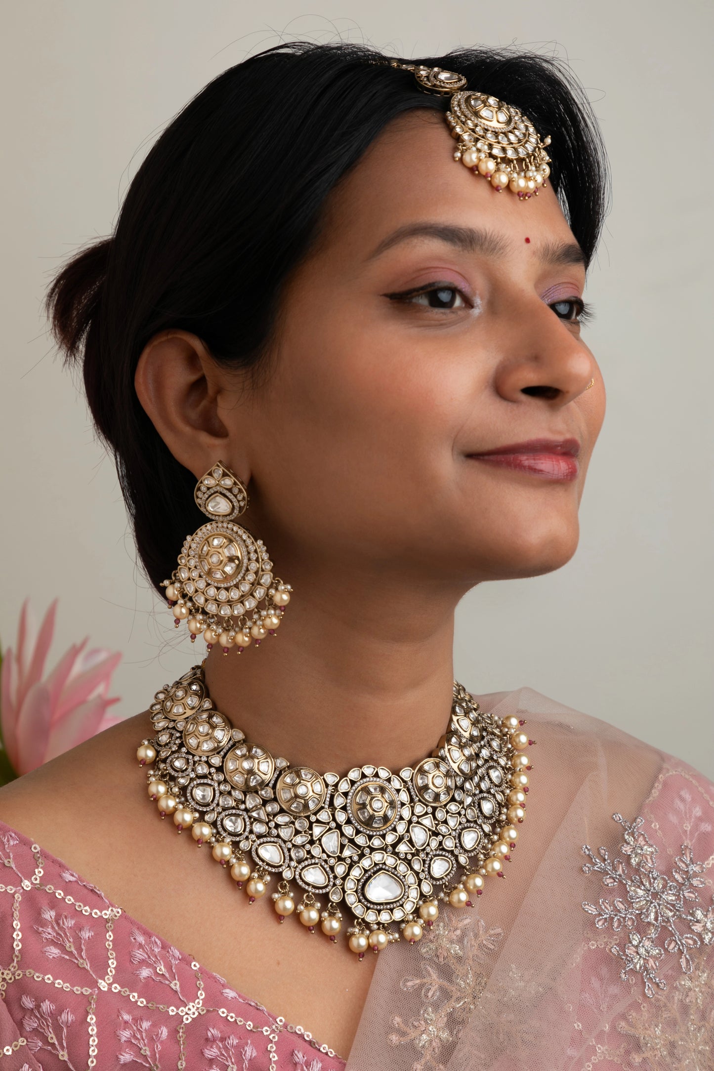 Bridal Kundan Necklace with Gold Stones & Maang Tikka  Victorian Gold Polish  Adjustable Thread