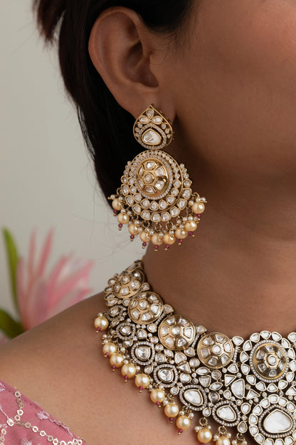 Bridal Kundan Necklace with Gold Stones & Maang Tikka  Victorian Gold Polish  Adjustable Thread