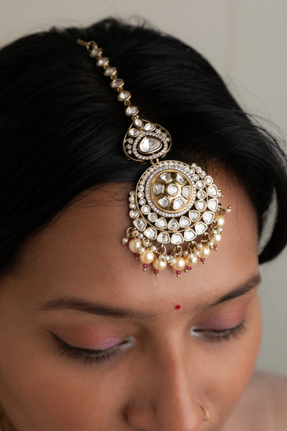 Bridal Kundan Necklace with Gold Stones & Maang Tikka  Victorian Gold Polish  Adjustable Thread