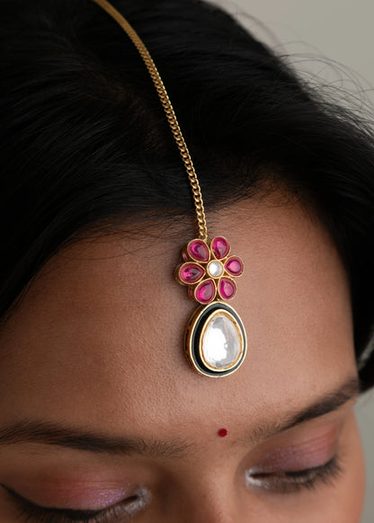 KUNDAN WITH FLOWER PINK AND GOLD STONE IN GREEN ENAMEL GOLD POLISH NECKLACE FOR BRIDAL