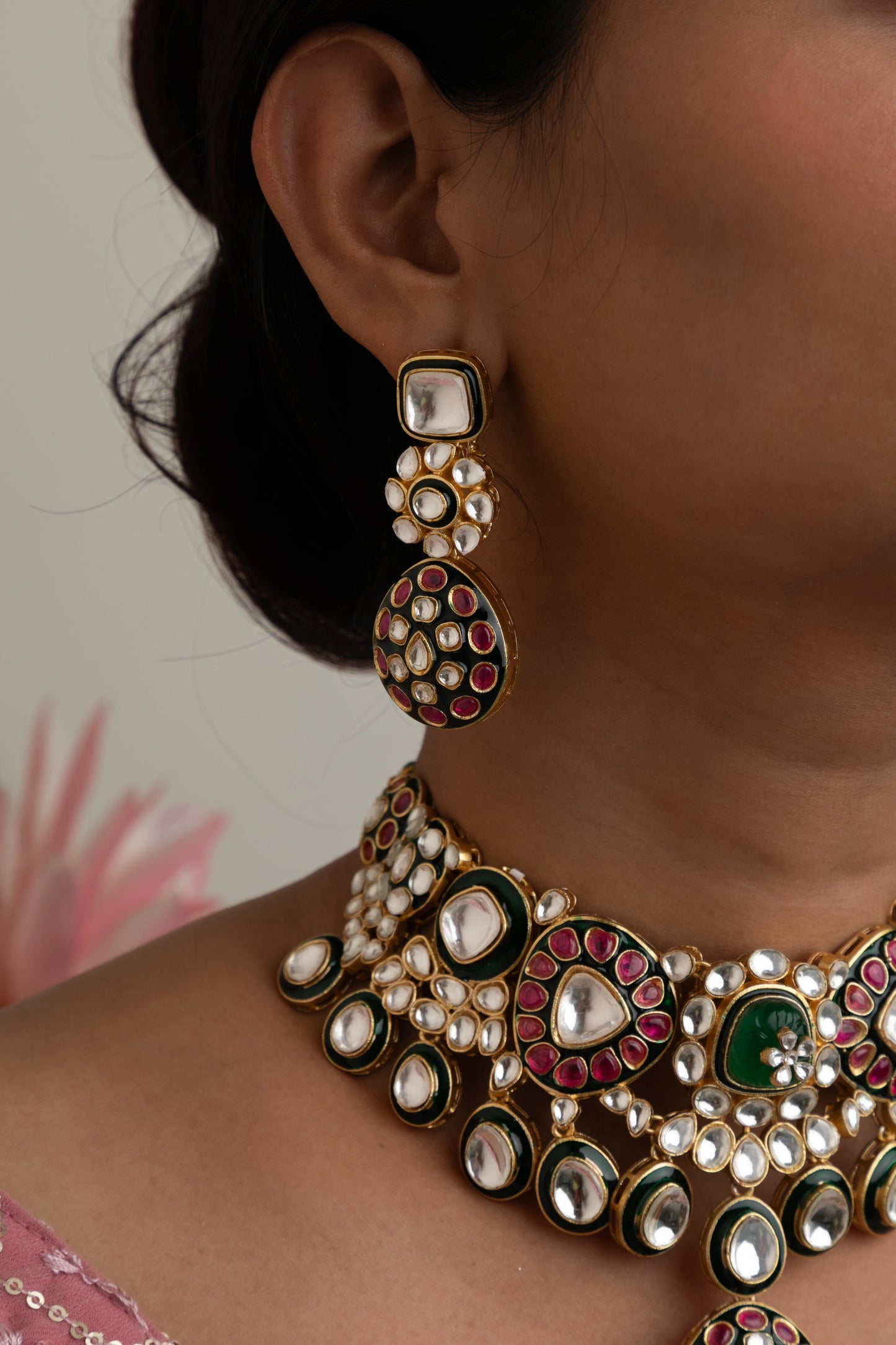 Bridal Kundan Choker Necklace with Pink & Green Stones and Maang Tikka  Gold Polish  Adjustable Thread
