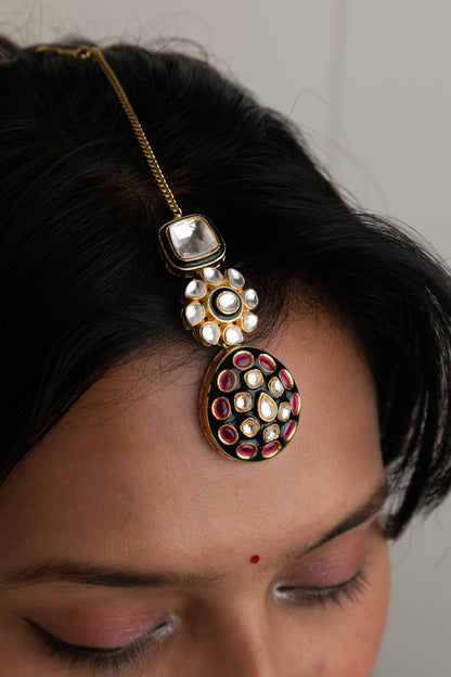 Bridal Kundan Choker Necklace with Pink & Green Stones and Maang Tikka  Gold Polish  Adjustable Thread