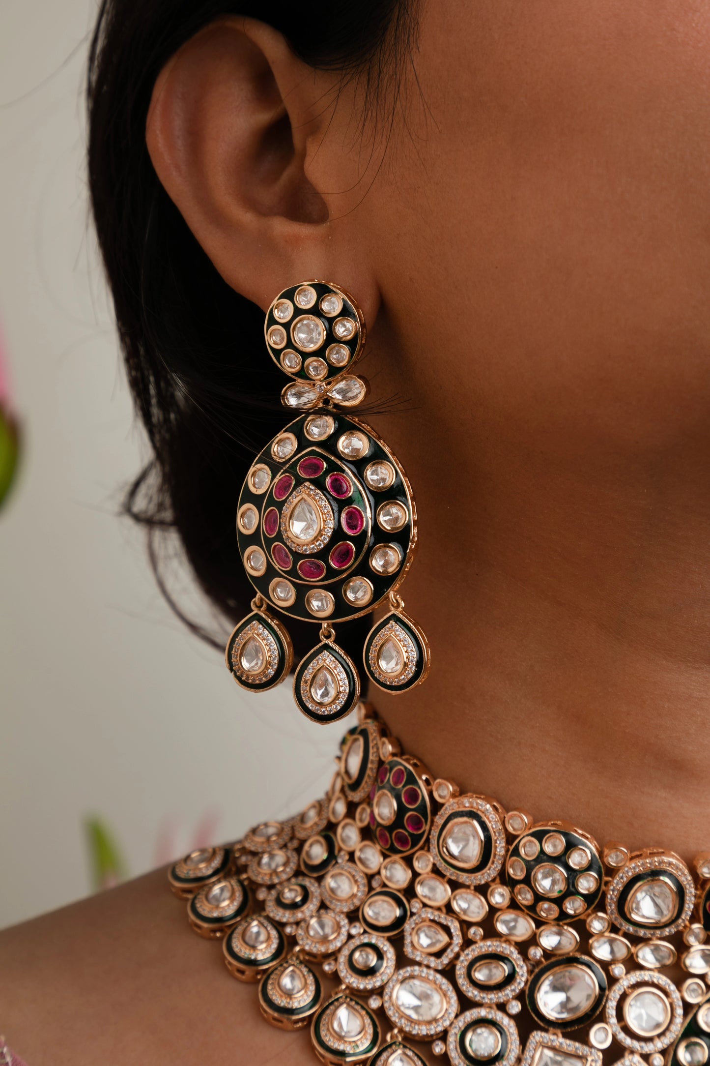 Kundan Bridal Choker Necklace with Pink & Green Stones and Maang Tikka  Gold Polish  Adjustable Thread