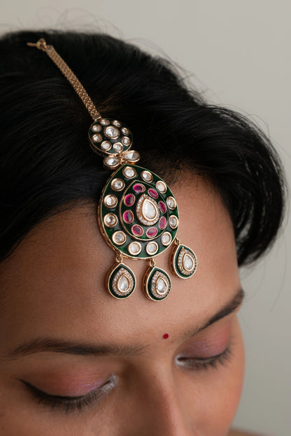 Kundan Bridal Choker Necklace with Pink & Green Stones and Maang Tikka  Gold Polish  Adjustable Thread