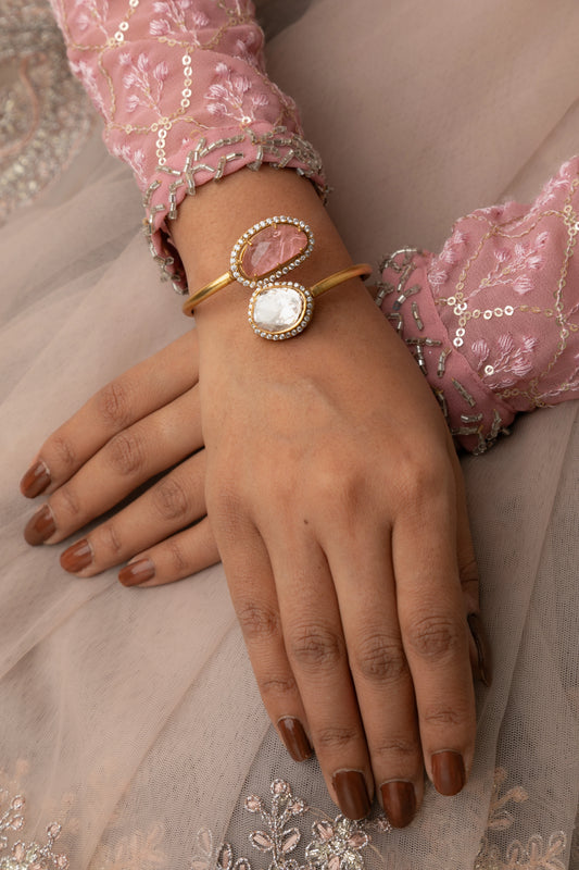 Contemporary Unshaped Kundan Bangle with CZ Border Matt Gold Finish Openable Size 2.4 Pastel Pink