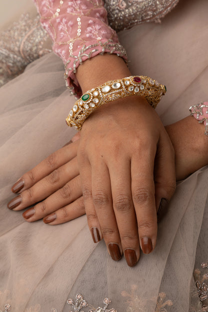 Contemporary Kundan Kada with Multicolored Stones  Gold Polish  Openable  Size 2.6