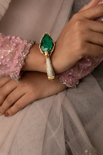 Contemporary Peacock Kundan Bangle with Green Stone  Victorian Gold Finish  Openable  Size 2.4