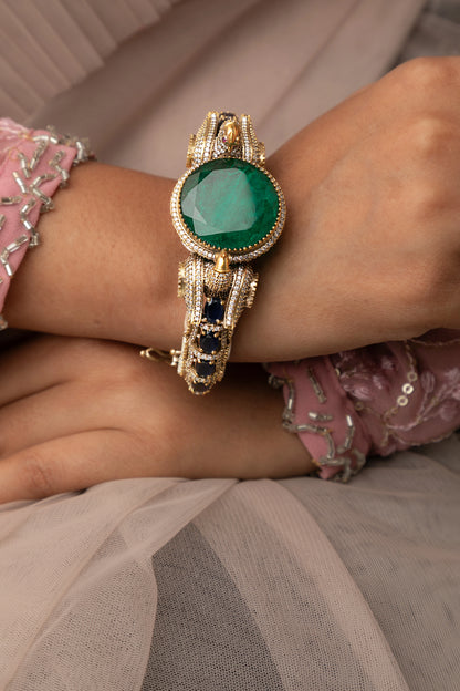 Contemporary Single Kada with Green Stone  Victorian Gold Finish  Openable  Size 2.4