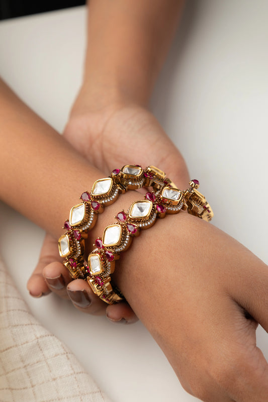 Kundan Bangles Set (2 Pc) with Pink Zircon Gold Polish Finish Openable Sizes 2.2 & 2.4