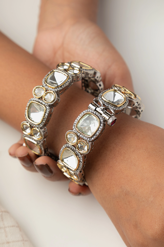 Contemporary Kundan Bangles Set (2 Pc) Silver Oxidized Gold Finish Openable Sizes 2.4 & 2.6