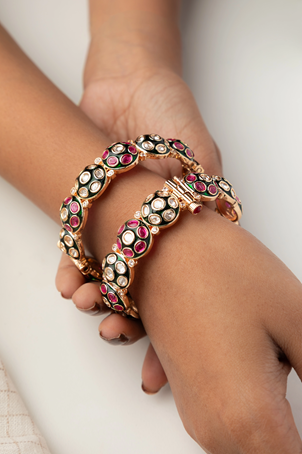 Kundan Bangles Set (2 Pc) with Green & Pink Stones  Gold Finish  Openable  Size 2.4