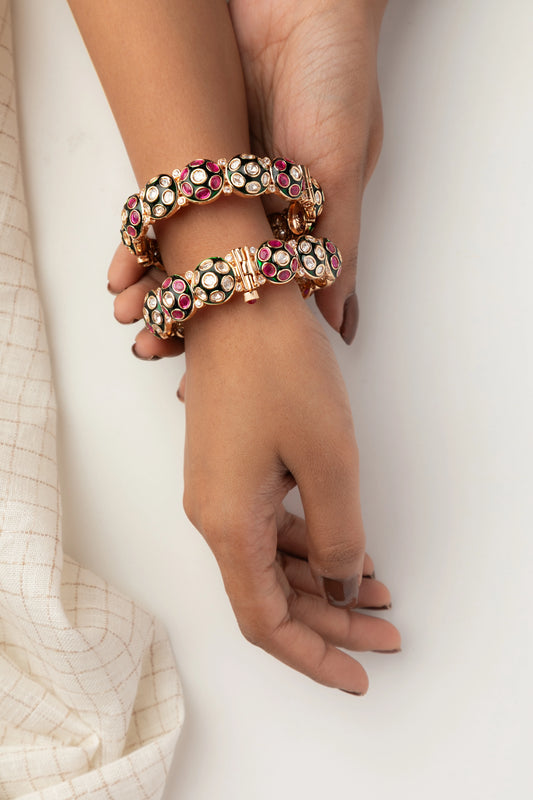 Kundan Bangles Set (2 Pc) with Green & Pink Stones Gold Finish Openable Size 2.4