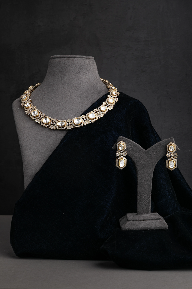 Carved Circle Indo-Western Kundan Necklace with White Stone  Victorian Gold Polish  7-Inch Adjustable Thread