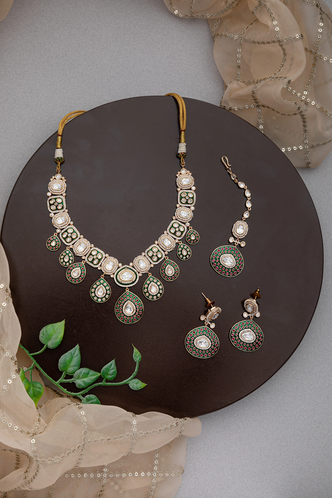 Bridal Kundan Necklace with Green Stones & White Moti Border  Gold Polish  6-Inch Adjustable Thread