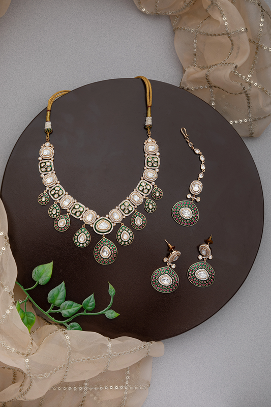 Bridal Kundan Necklace with Green Stones & White Moti Border  Gold Polish  6-Inch Adjustable Thread