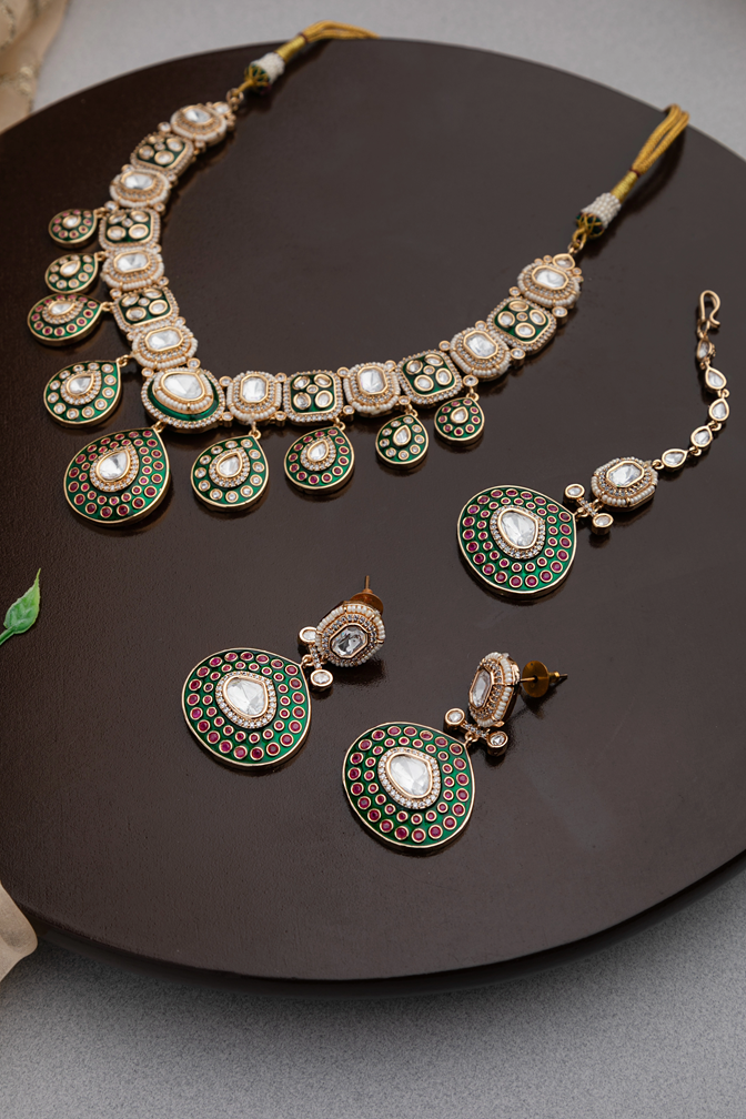 Bridal Kundan Necklace with Green Stones & White Moti Border  Gold Polish  6-Inch Adjustable Thread
