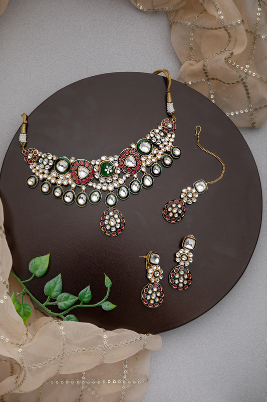 Bridal Kundan Choker Necklace with Pink & Green Stones and Maang Tikka Gold Polish Adjustable Thread